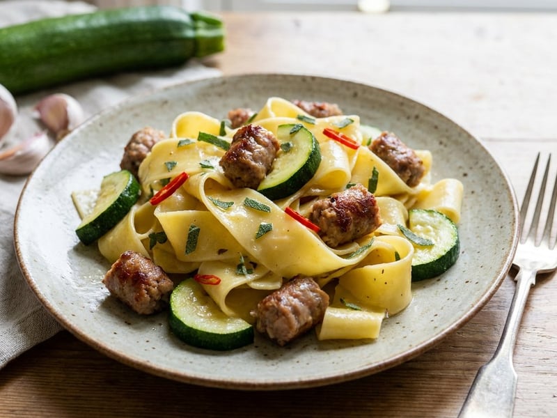 Pappardelle with fresh sausage, zucchini, and sage
