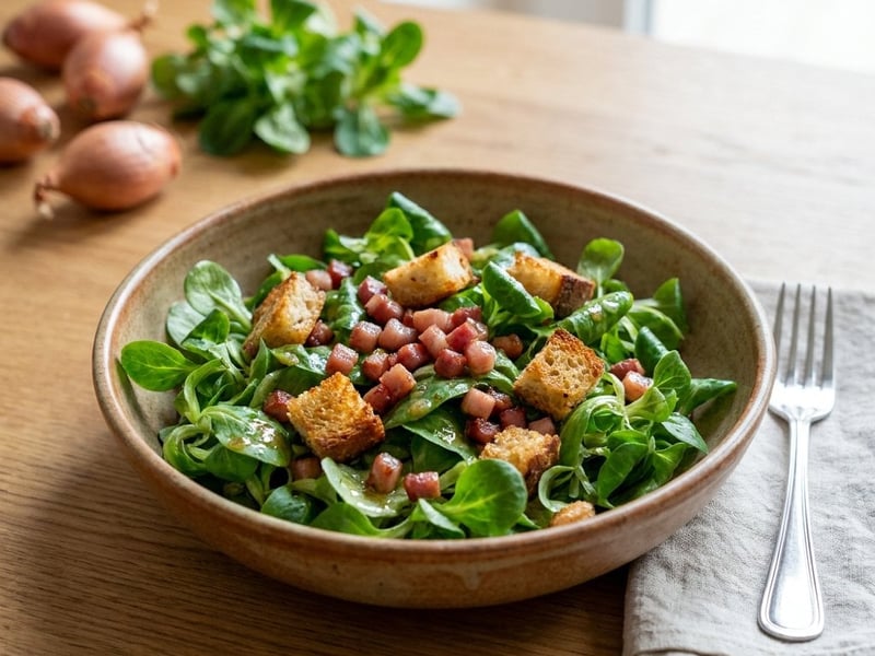 Lamb's lettuce salad with bacon and white bread croutons