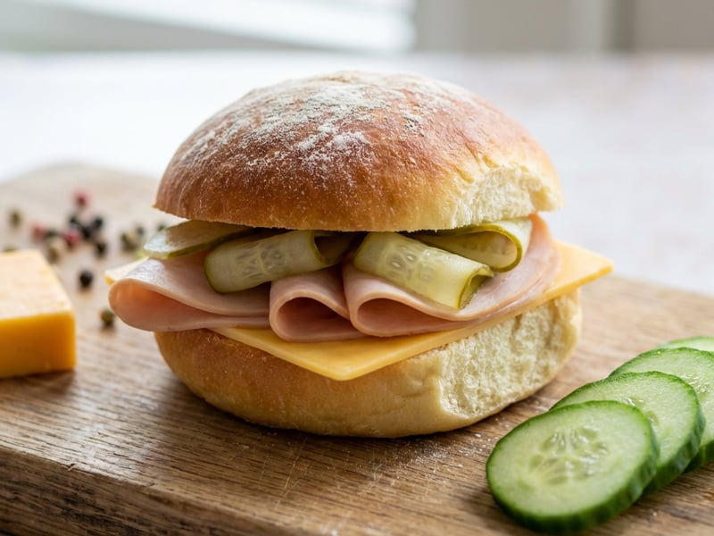 Domácí máslové housky s krůtí šunkou, čedarem a nakládanou okurkou