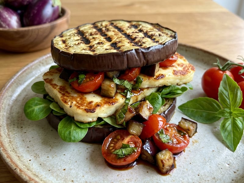 Eggplant sandwich with grilled halloumi