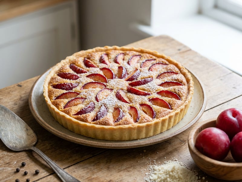 Pie with pepper frangipane and plums