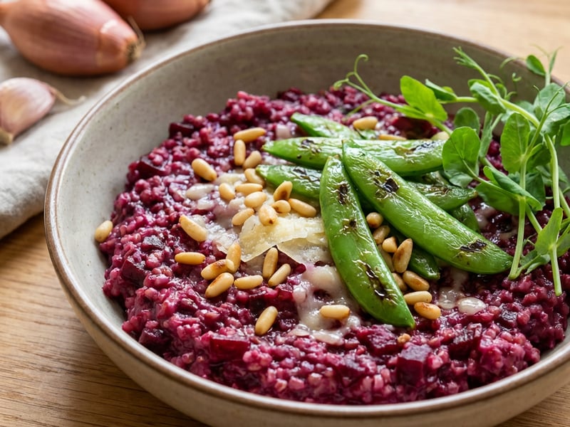 Millet Risotto with Beetroot and Sugar Snap Peas