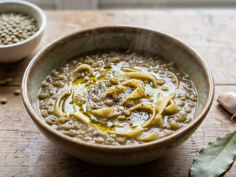 Thick lentil soup with wide tagliatelle noodles