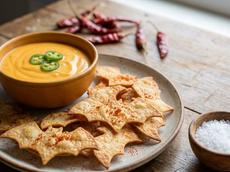 Halloween tortilla chips with cheddar dip