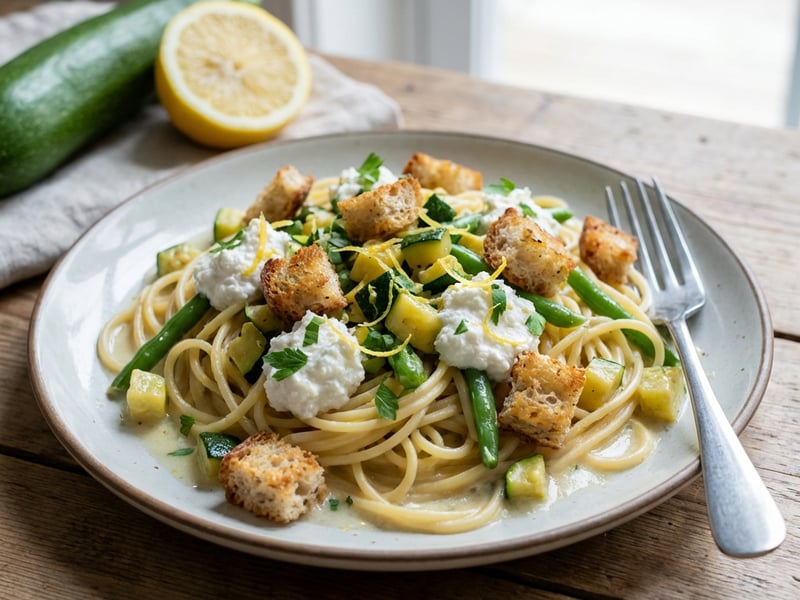 Vegetariánské špagety s cuketou a sýrem ricotta 