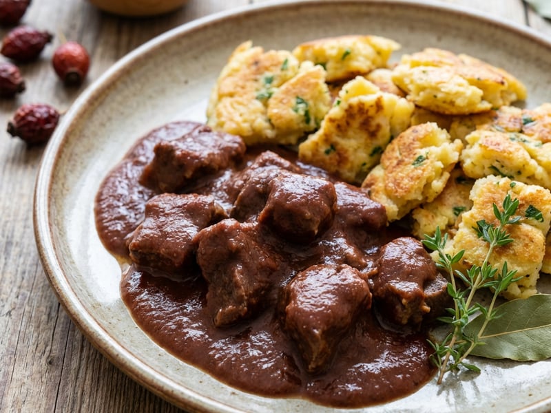 Wild Boar with Rosehip Sauce and Carlsbad Torn Pancake