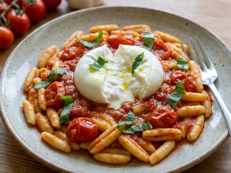 Pasta with burrata and tomatoes