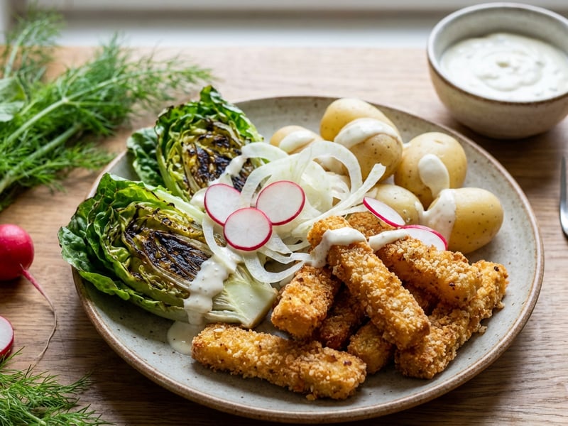 Carp Fries and Charred Caesar Salad with Potatoes and Fennel