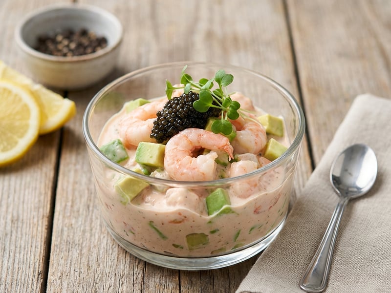 Shrimp cocktail with kimchi and avocado