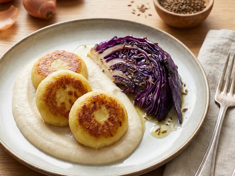 Stuffed Dumplings with Shallot Purée and Crispy Cabbage