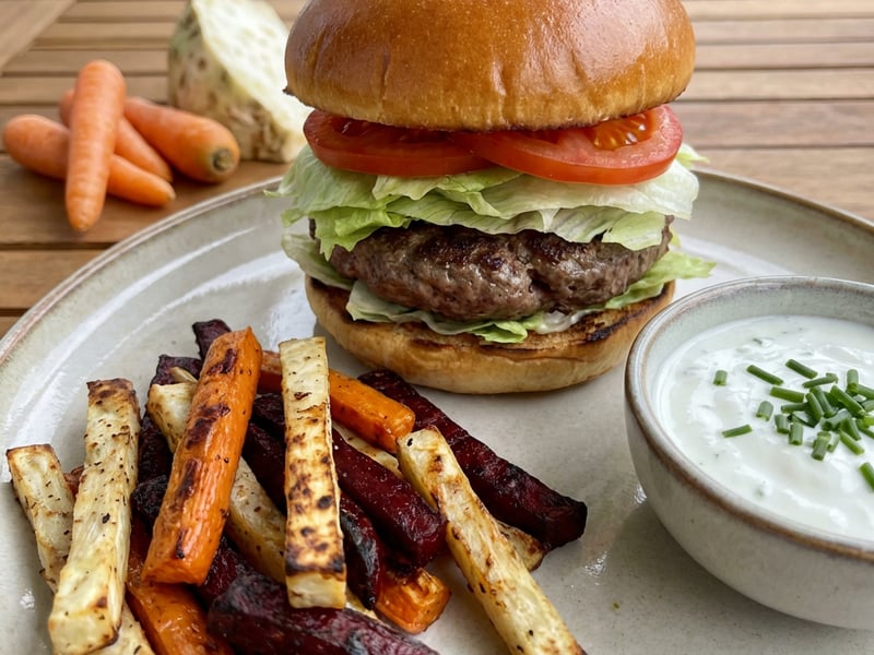 Burger se zeleninovými hranolky