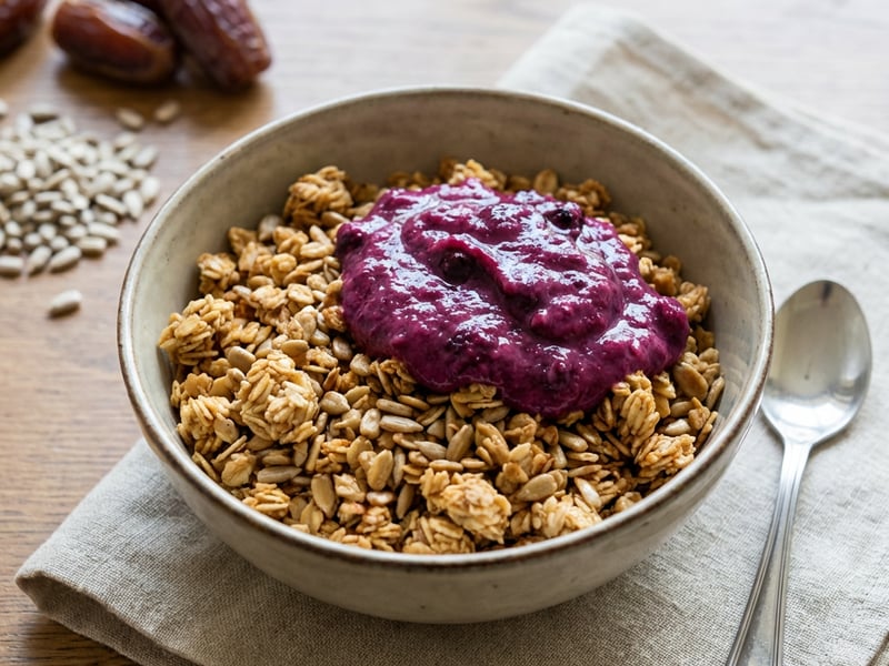 Granola with sunflower seeds and stewed fruit
