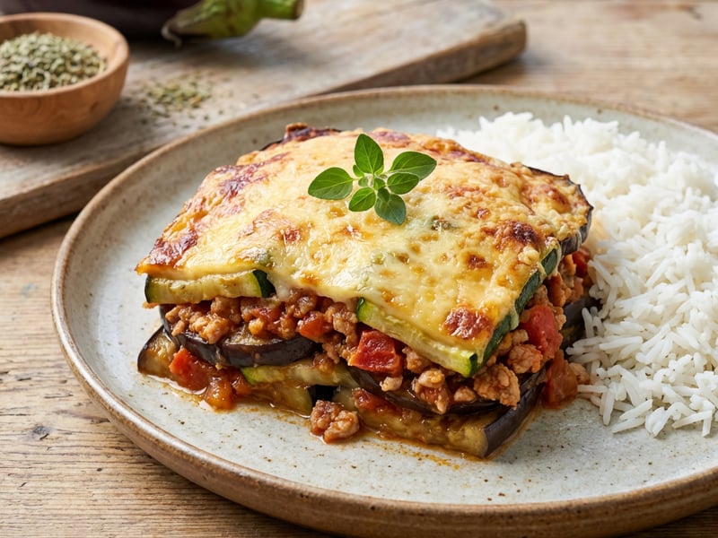 Eggplant and Zucchini Moussaka with Rice