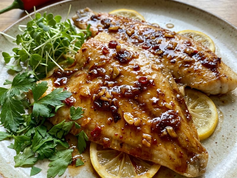Glazed flounder with honey and chili