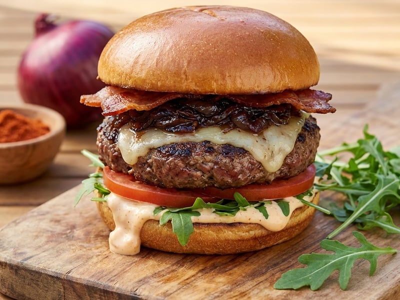 Hamburger na grilu s karamelizovanou cibulkou a uzenou majonézou