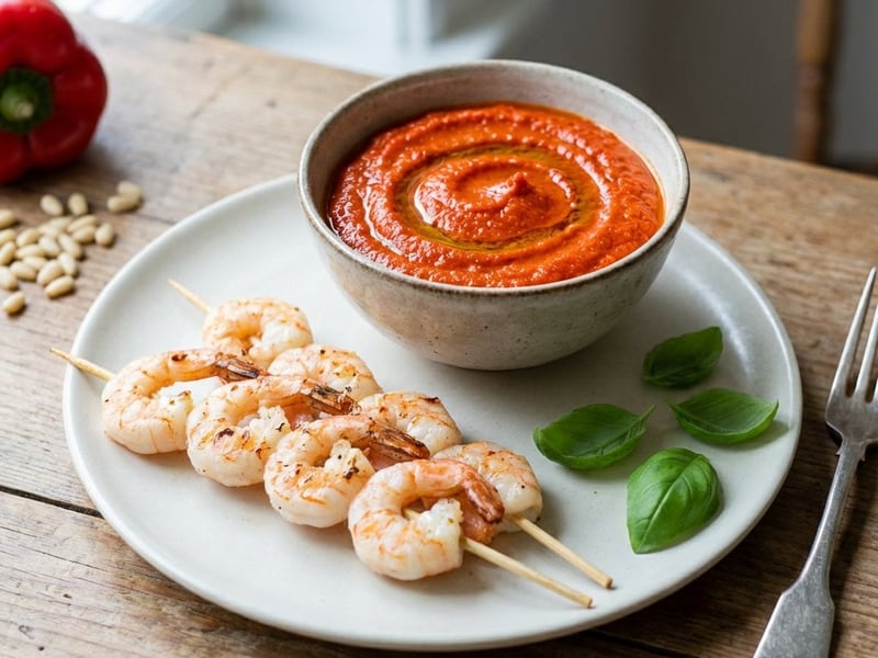 Červené pesto z grilovaných paprik s rajčaty a grilovanými krevetami