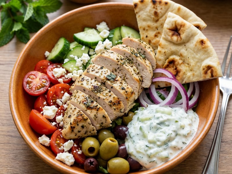 Řecká bowl s grilovaným masem a tzatziki