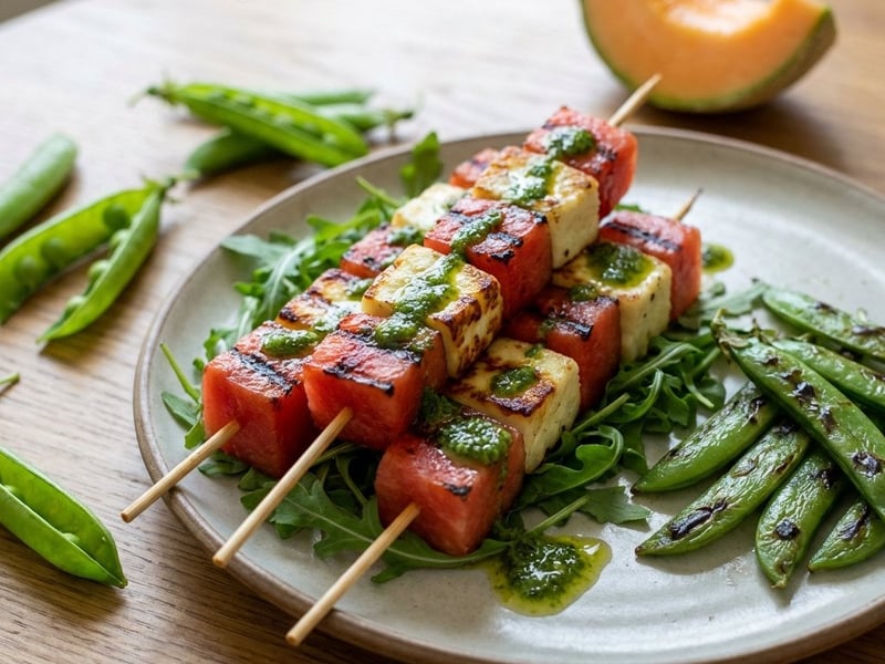 Grilled Melon with Halloumi Cheese and Sugar Snap Peas