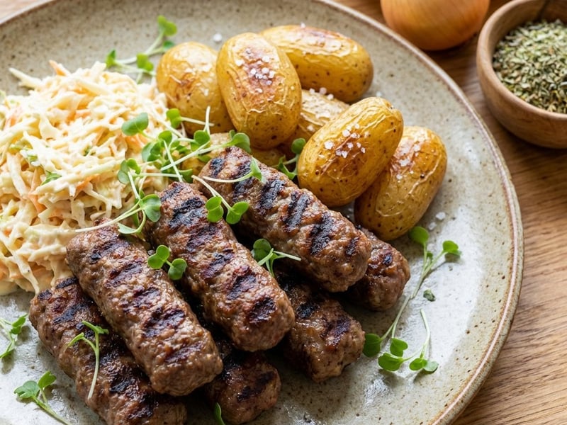Čevabčiči s pečenými brambory a salátem Coleslaw