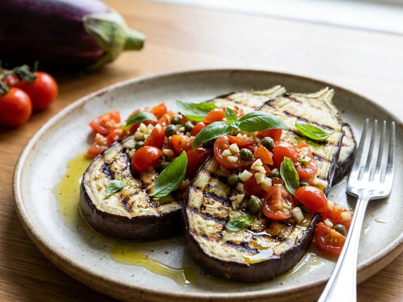 Grilled eggplant with vinaigrette and tomatoes