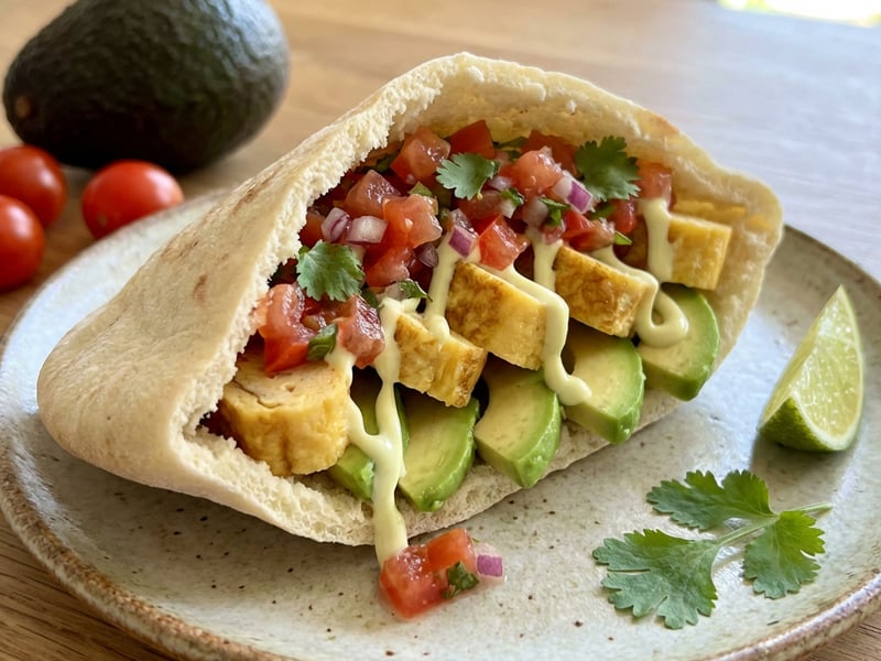 Pita bread filled with avocado, egg, and tomato salsa