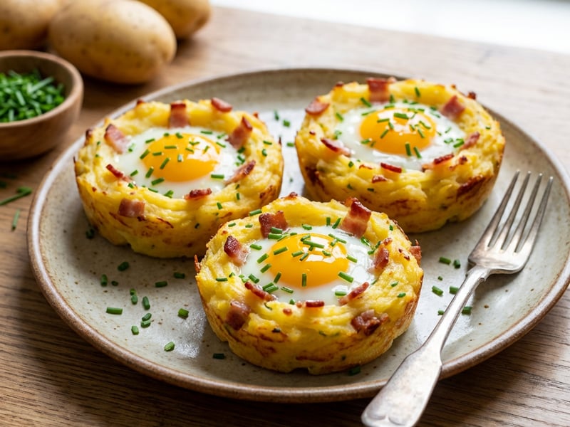 Potato nests with eggs and bacon