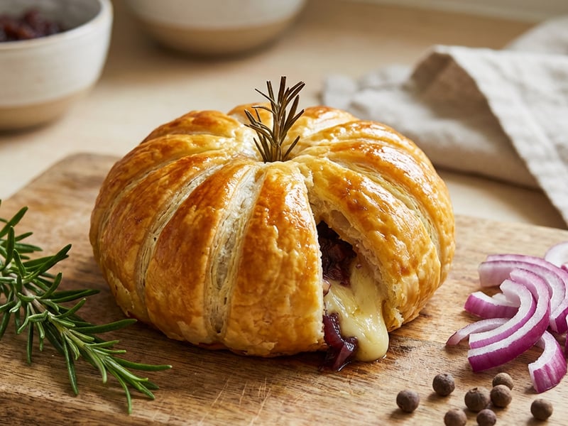 Dýně z listového těsta plněné hermelínem a cibulovým podzimním chutney