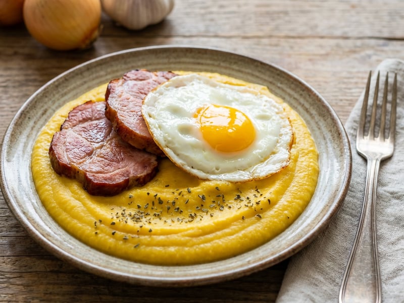 Pea puree with meat and egg