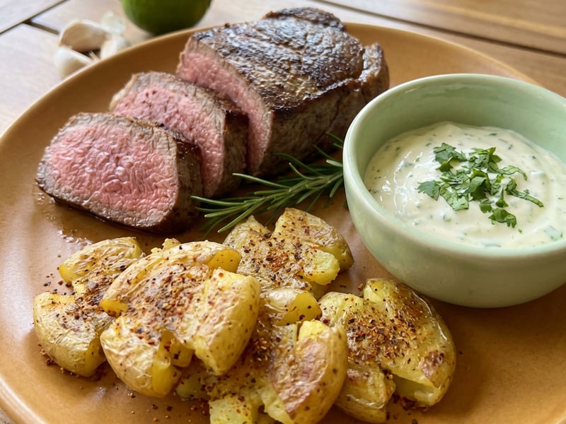 Eye round steak s pečenými bramborami a koriandrovou majonézou