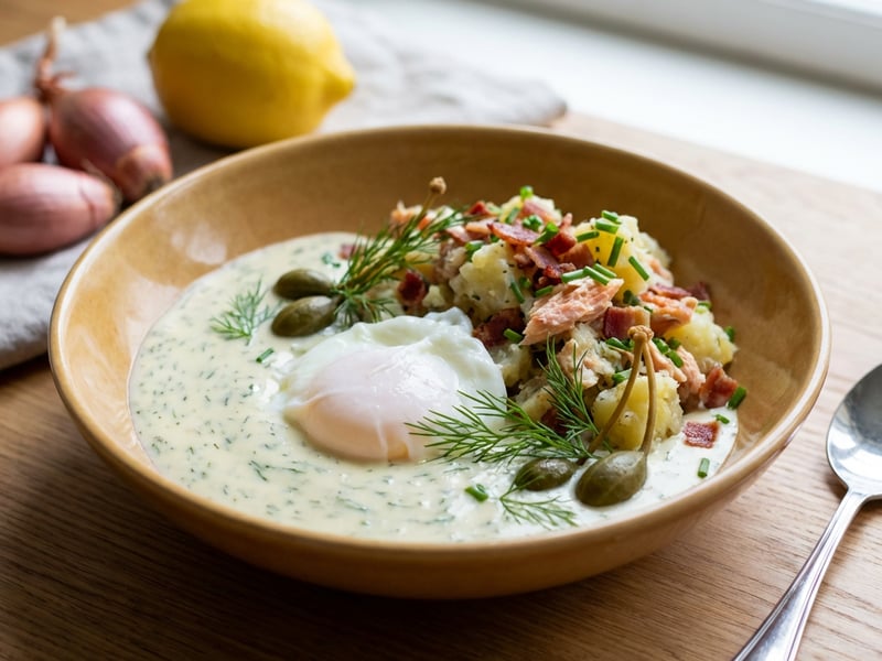 Dill sauce, trout, light potato salad and poached egg