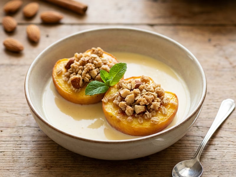 Peaches with Almond Crumble and Vanilla Glaze