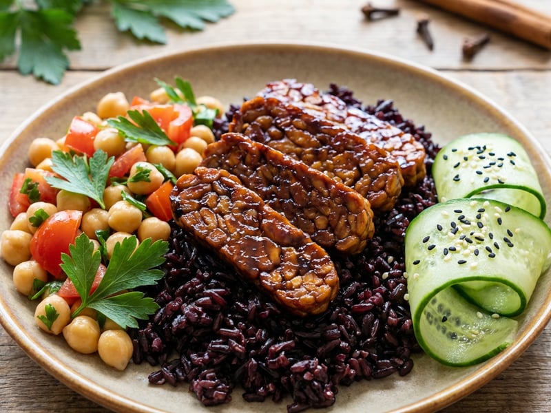 Karamelizovaný tempeh s černou rýží a cizrnou