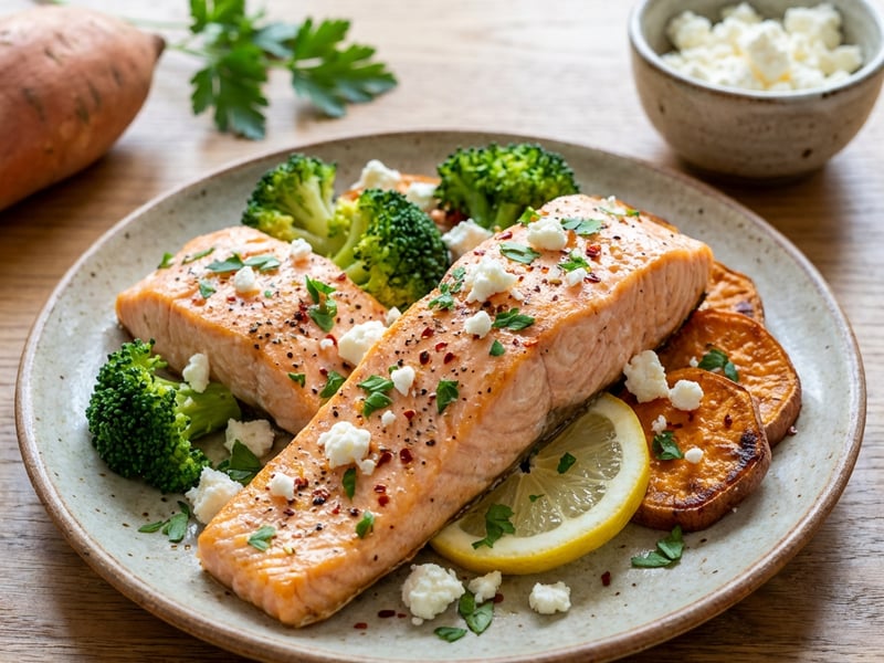 Salmon with Sweet Potatoes and Broccoli
