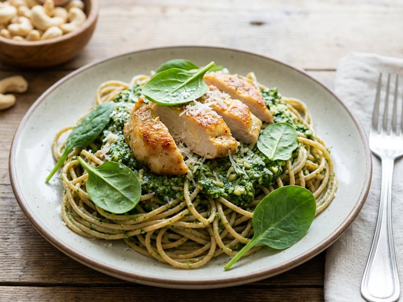 Spaghetti with spinach pesto