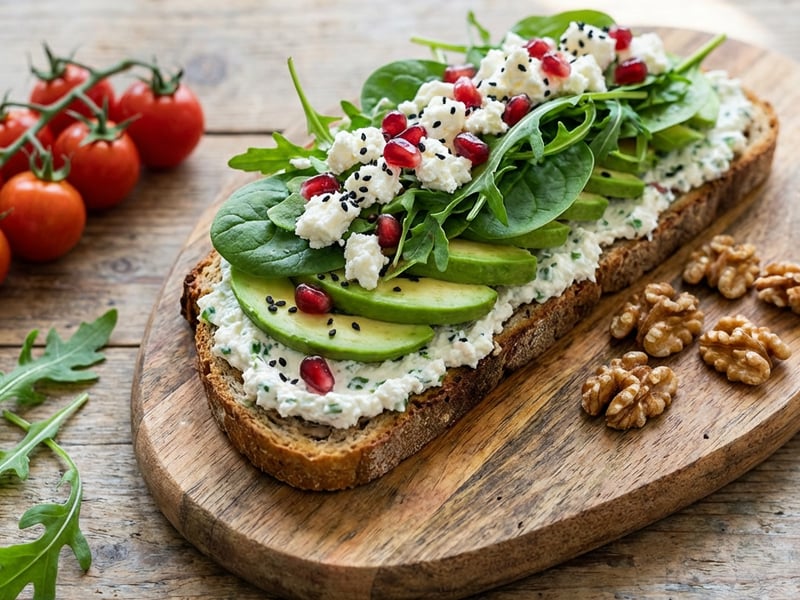 Sourdough bread with avocado, feta, and arugula