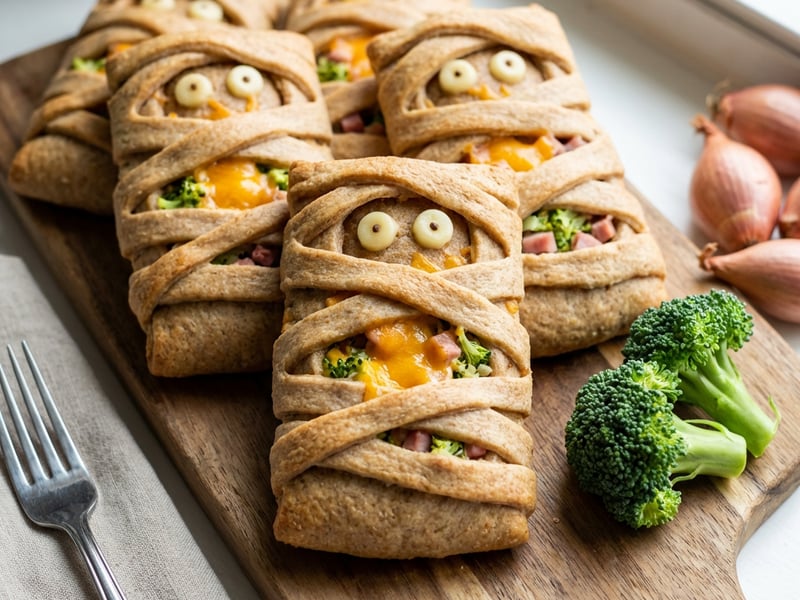 Mummy-style pockets with broccoli, ham and cheese