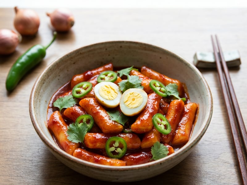 Spicy Tteokbokki with Quail Eggs, Shallots, and Jalapeño