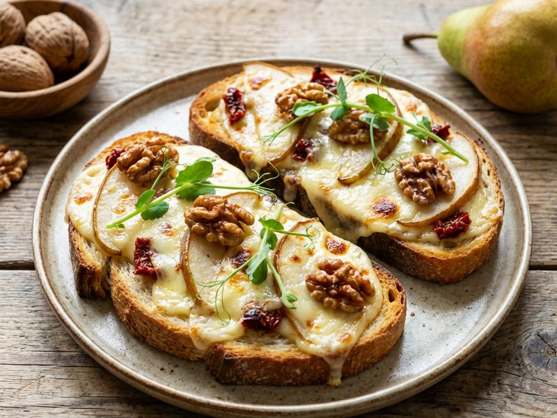 Toast with raclette, sun-dried tomatoes, and grilled pear