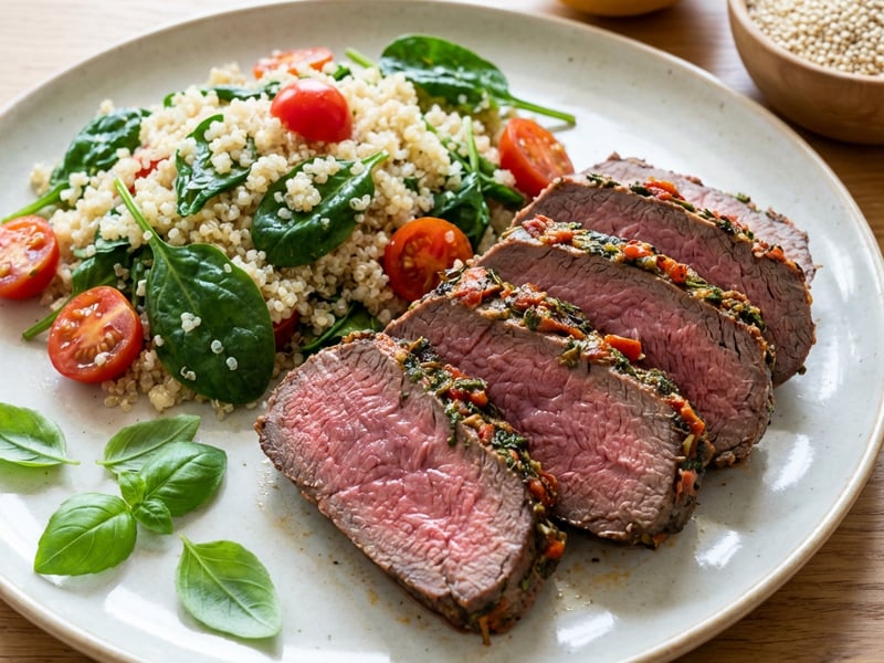Beef steak with spinach quinoa
