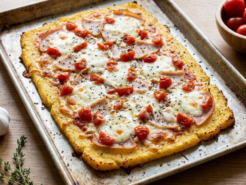 Polenta pizza on a baking sheet