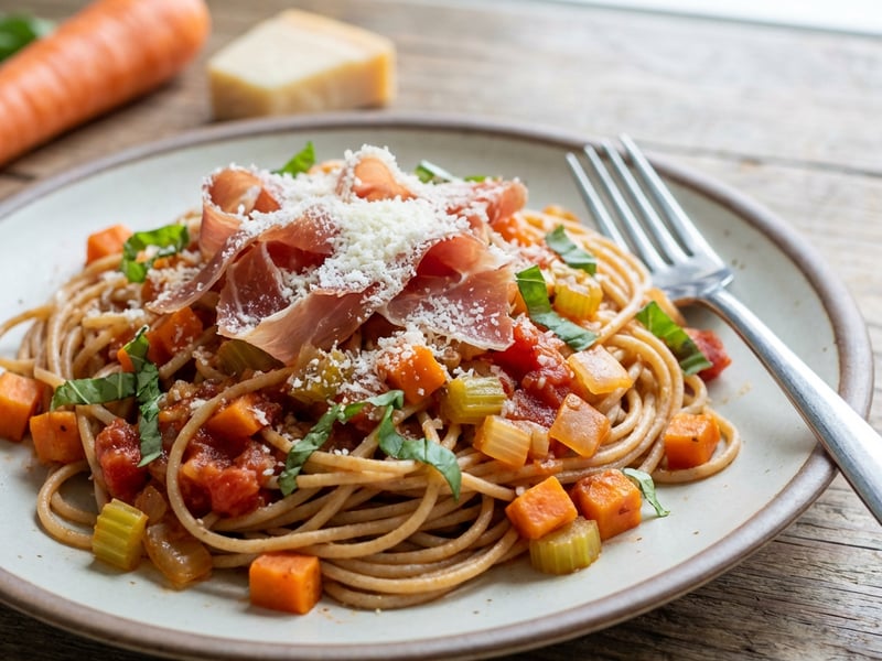 Spaghetti with tomato sauce and dried ham