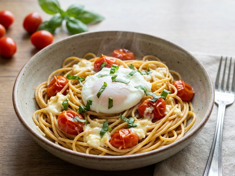 Pasta with Roasted Tomatoes and Poached Egg