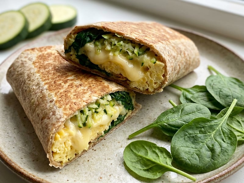 Breakfast wrap with zucchini and baby spinach