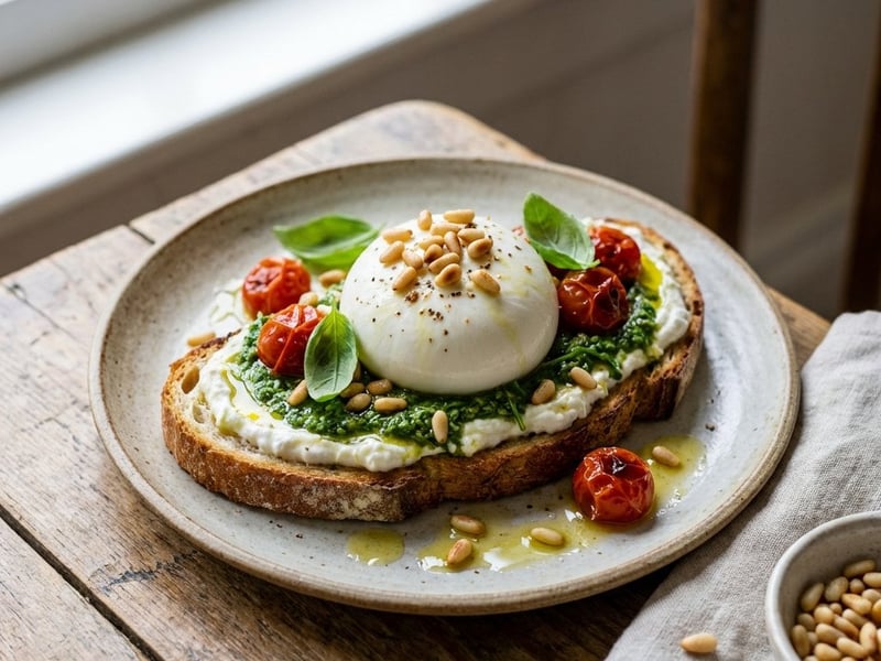 Fresh morning bread, pesto, burrata and pine nuts