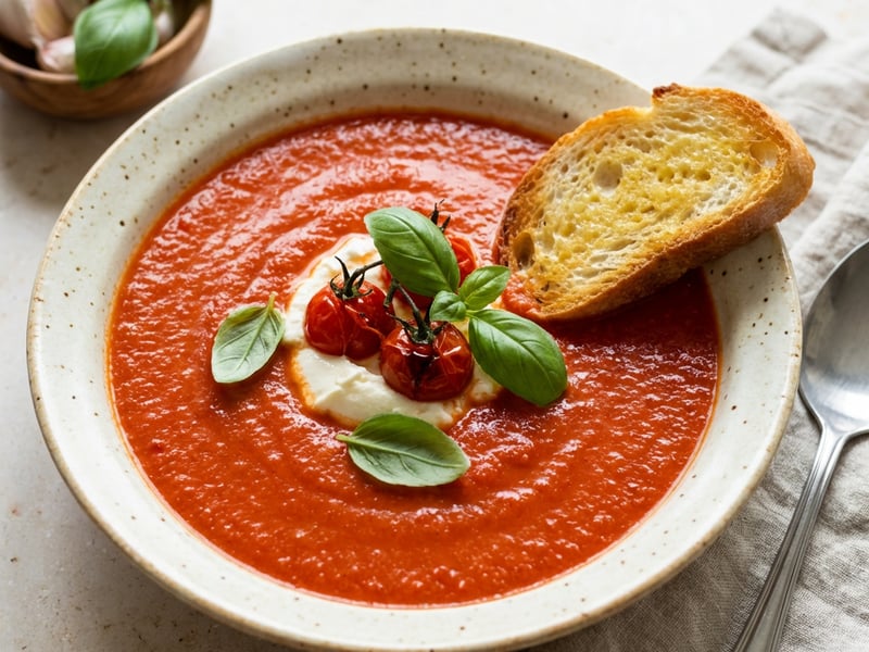 Roasted tomato soup, basil