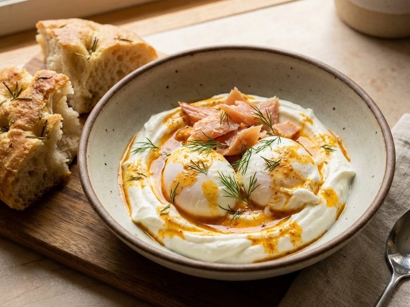 Turkish eggs with smoked trout and rosemary focaccia