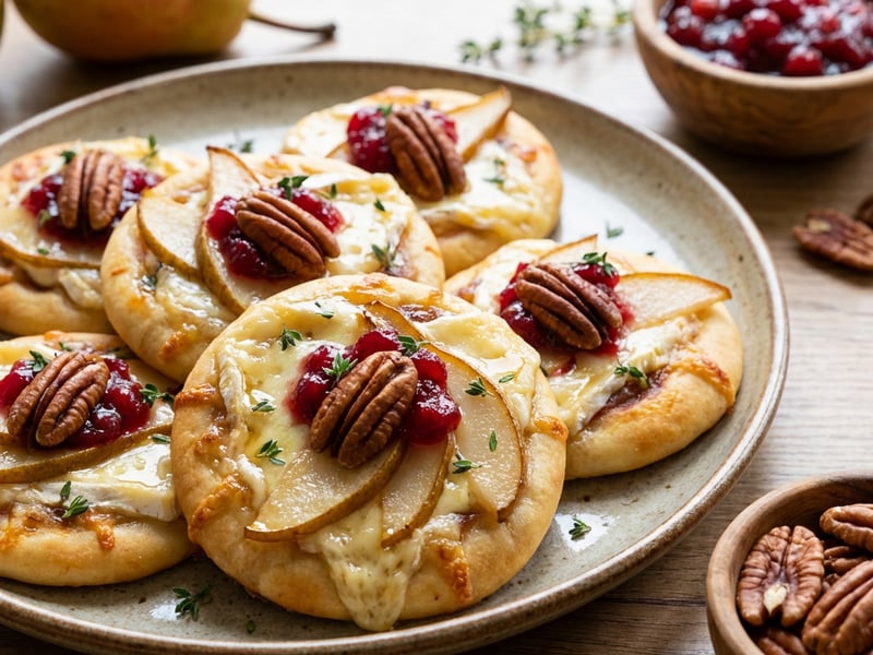 Mini pizzy s Brie, karamelizovanou hruškou a pekanovými ořechy