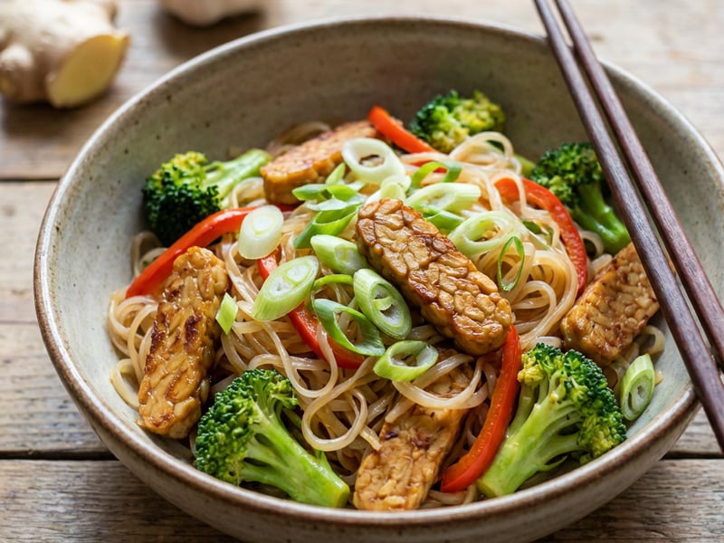 Stir‑fry s rýžovými nudlemi, tempehem a zeleninou