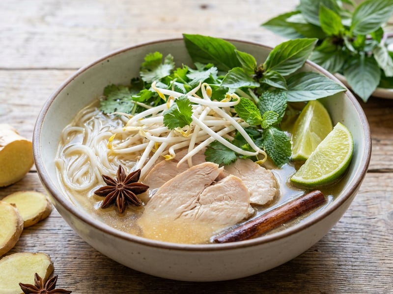 Pho Soup with Turkey Meat and Herbs