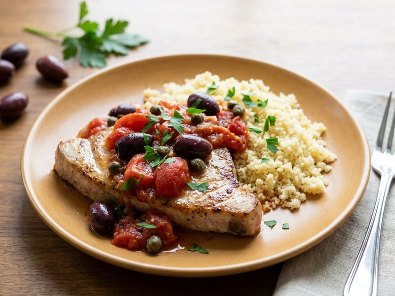 Swordfish with tomatoes, olives, and capers